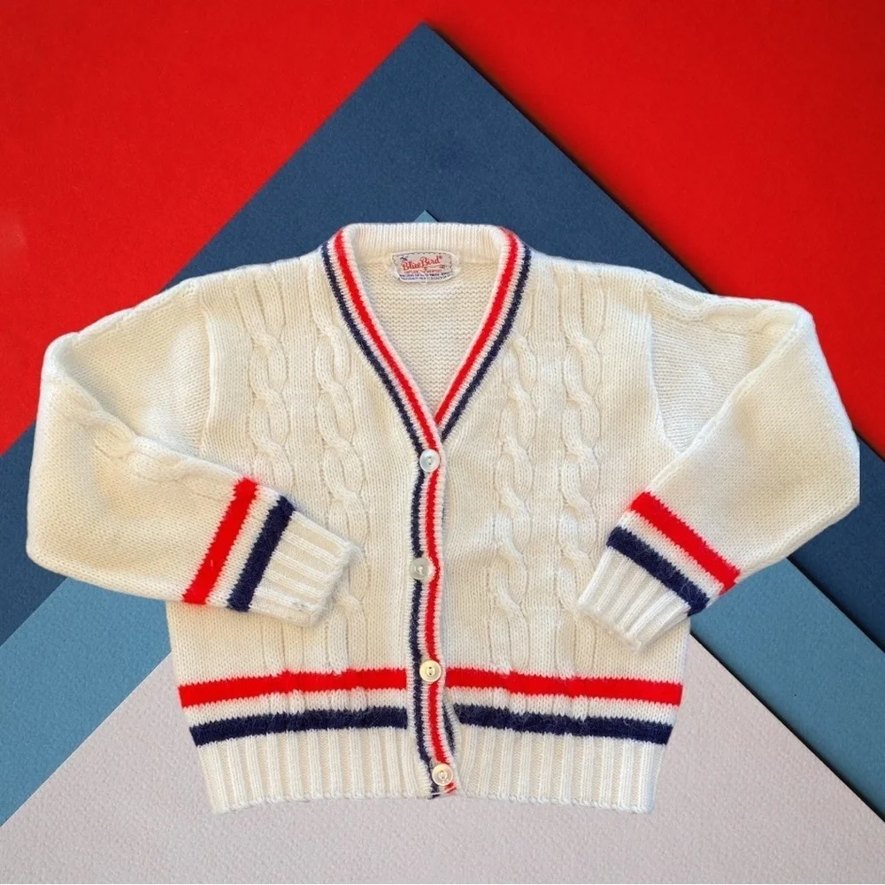 Vintage Blue Bird Unisex Striped Red White & Blue Button Up Cardigan Sweater 3T